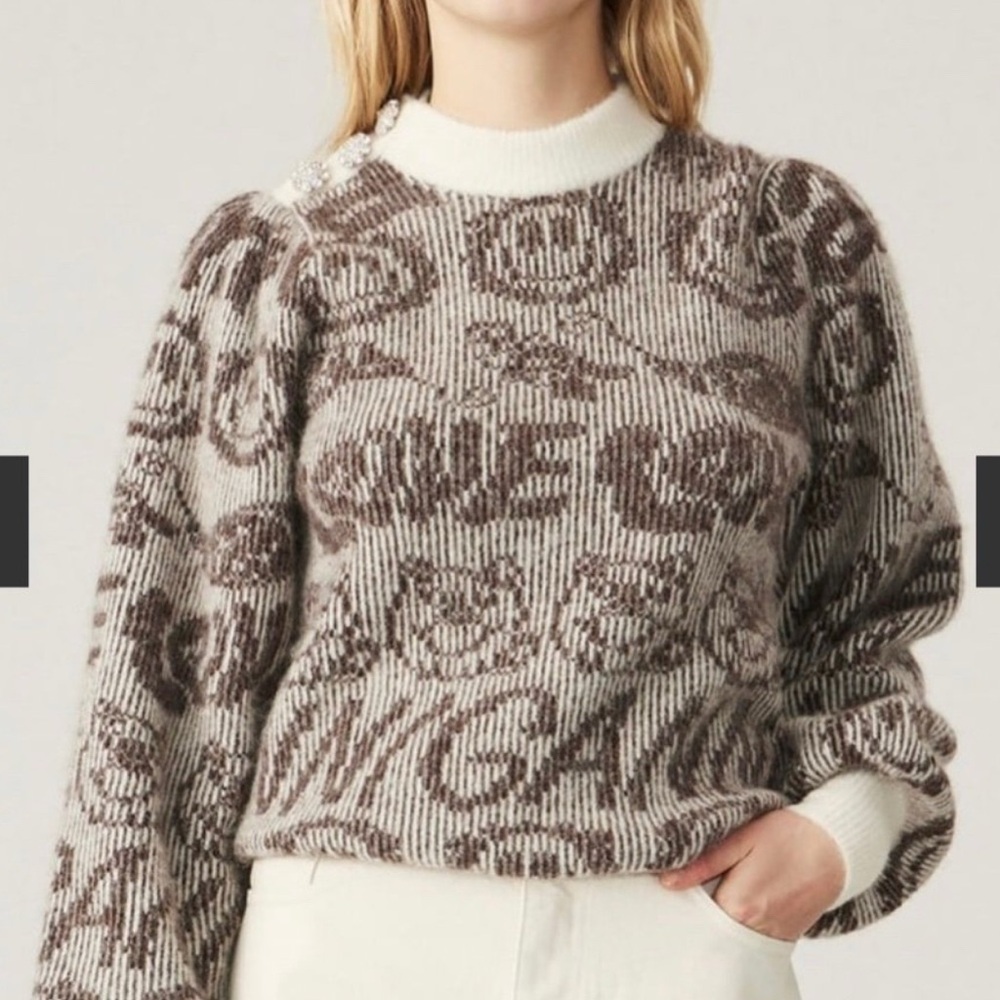 Ganni Brown and Cream Crew Neck Sweater with Ribbed Cuffs